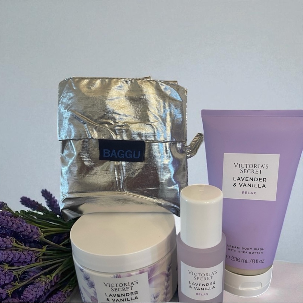 BAGGU Bundle Pouch and 3-Piece Victoria’s Secret Relax Lavender Vanilla Body Set